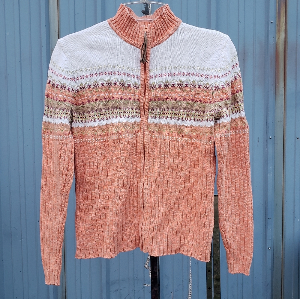 Vintage 90s Tiara International Apricot and Sage Fair Isle Zip Sweater